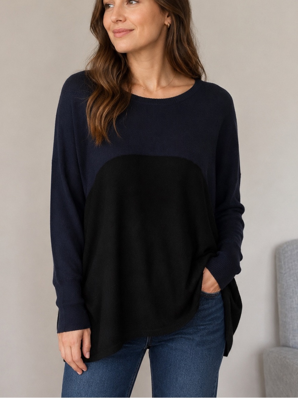 Eileen Fisher S Petite Navy Black Colorblock Merino Wool Sweater Long Sleeve